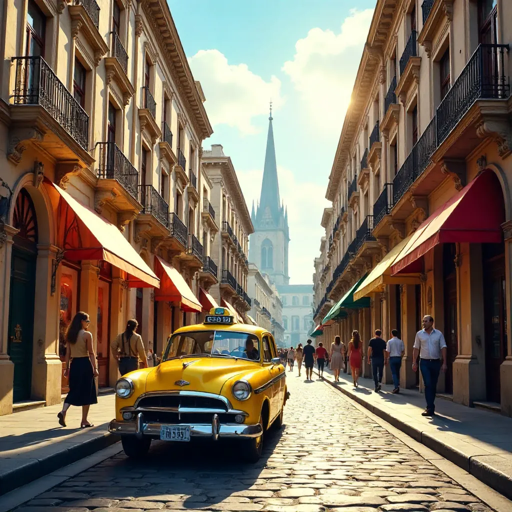 Historic City Street with Yellow Taxi at Golden Hour
