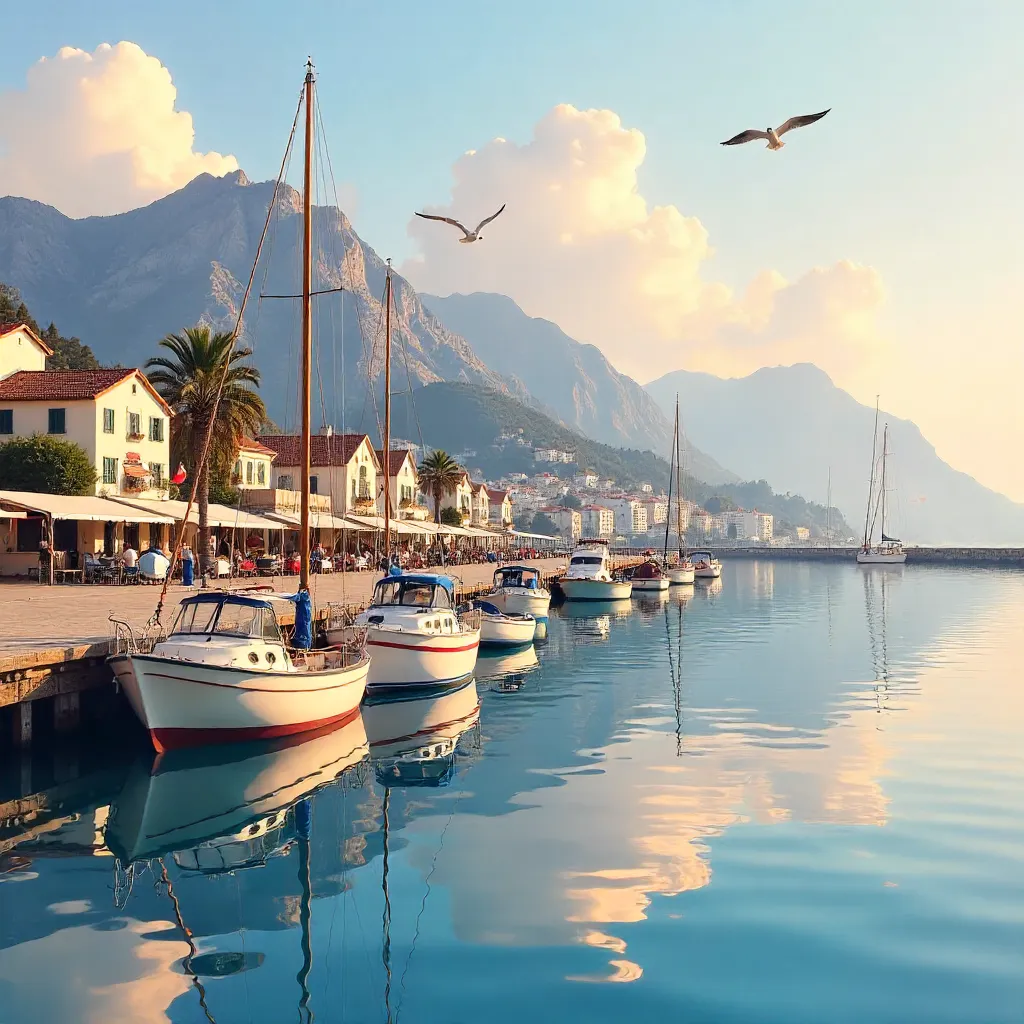 Harbor Vista: Boats, Mountains, and Cityscape