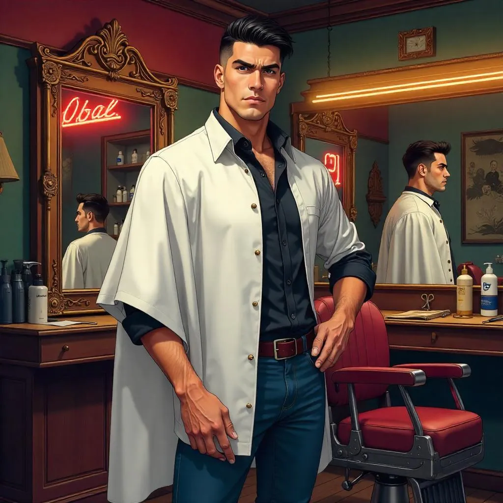 Confident Latino Man in an Anime Barber Shop