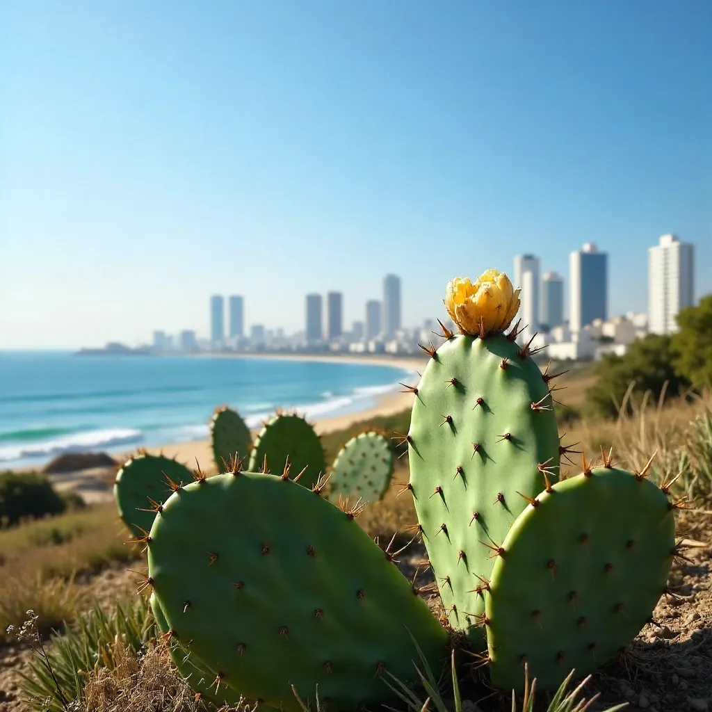 Prickly Pear Foreground, Tel Aviv Skyline Under Blue Sky