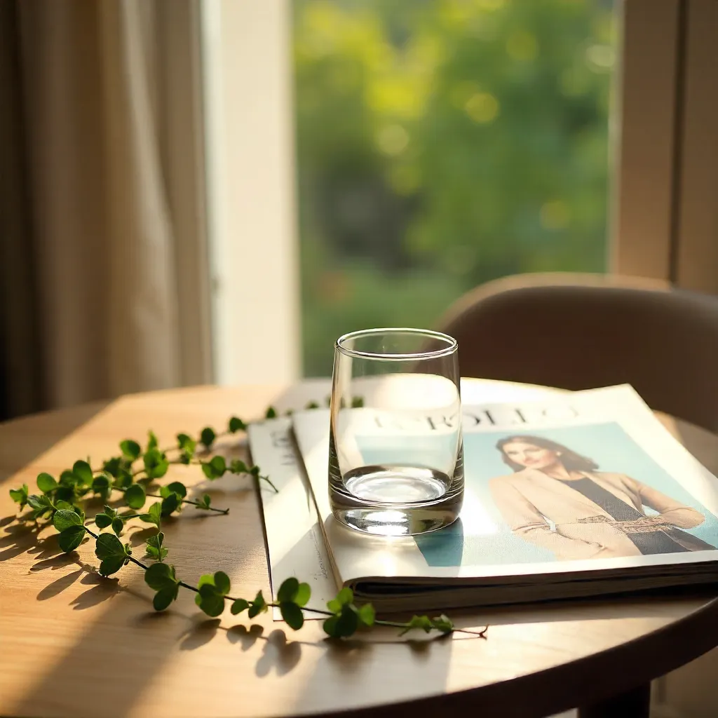 Elegant Glass, Magazine, and Vine in Natural Light