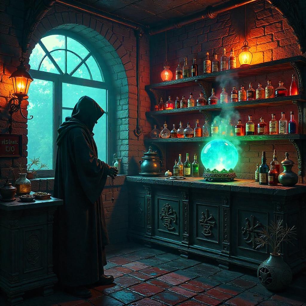 Sacred Relic in a Neon Cyberpunk Potion Shop