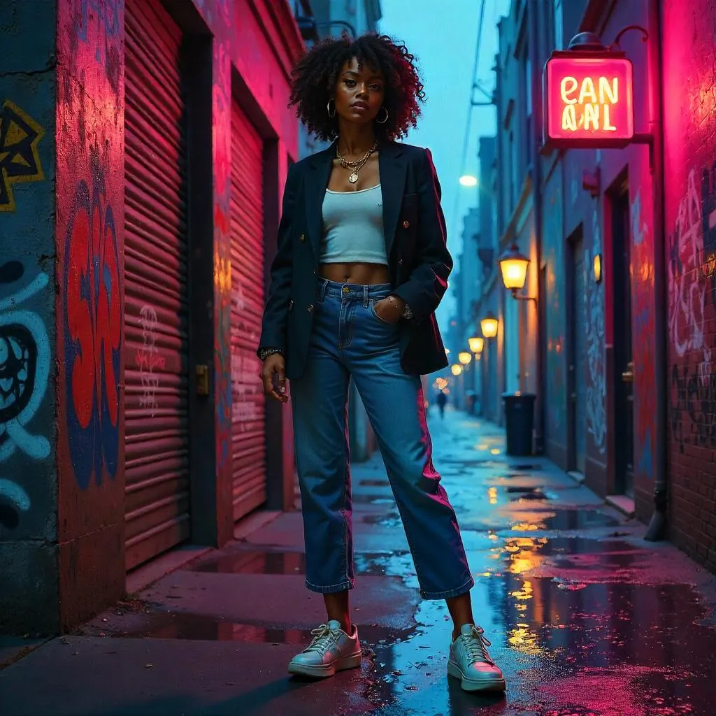 Stylish Black Girl in an Urban Oil Portrait