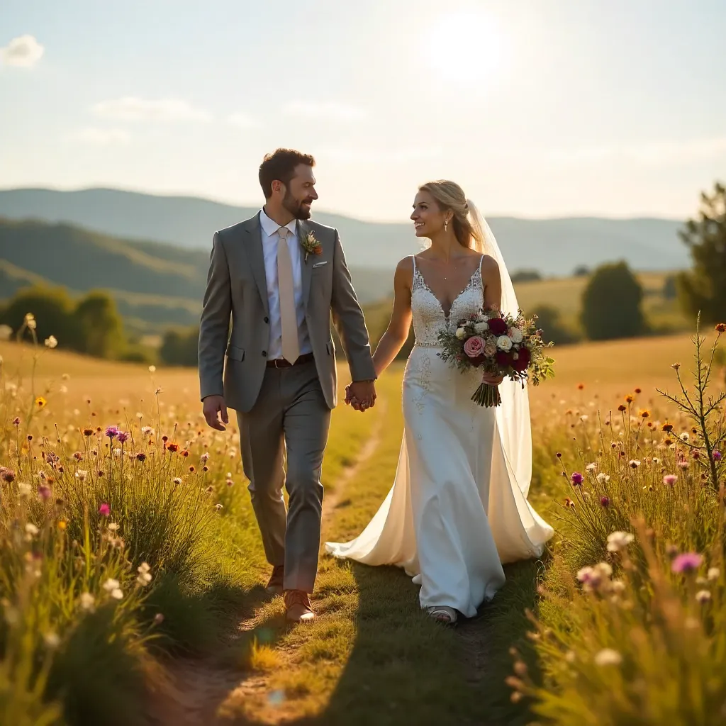 Sunlit Wedding Walk Through a Golden Field
