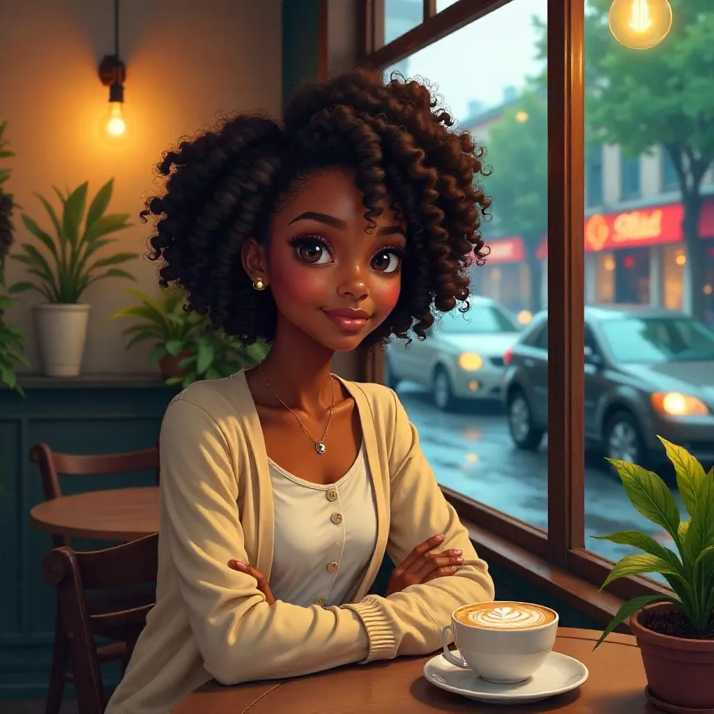 Cafe Moment: Anime-Style Black Girl Portrait