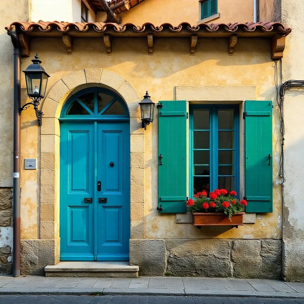 Vibrant Blue Door with Green Shutters in Château-Gontier