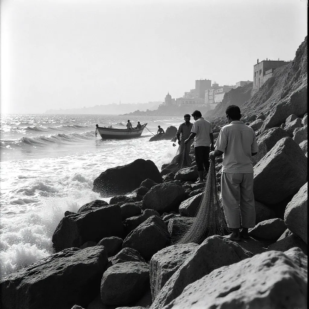 Monochrome Rabat Coast Fishermen on the Rocks