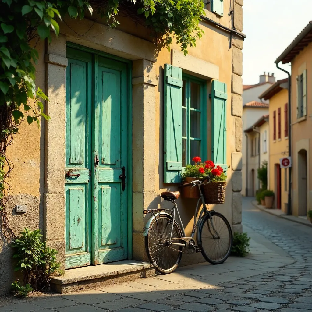 Rustic French Village Door with Shutters and Bicycle
