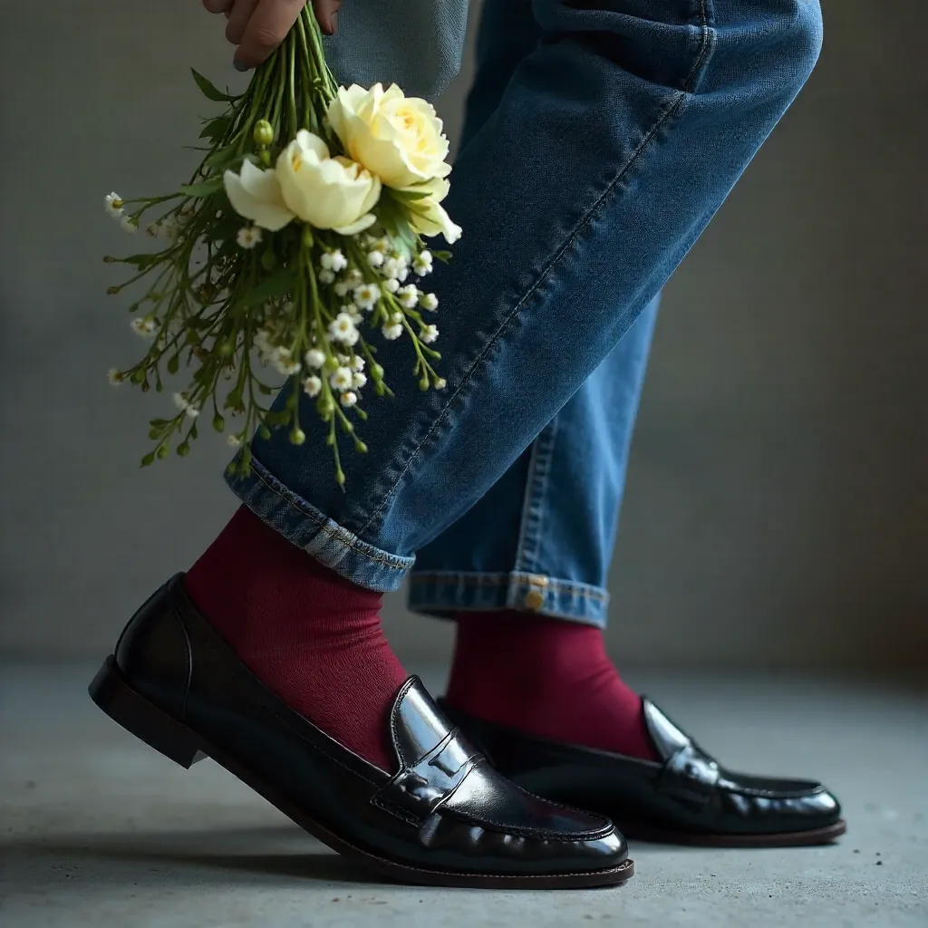 Glossy Loafers with Maroon Socks and White Flowers