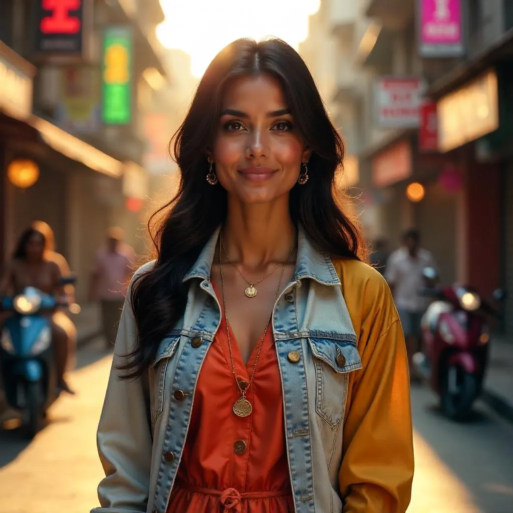 Photorealistic Indian woman on a bustling city street
