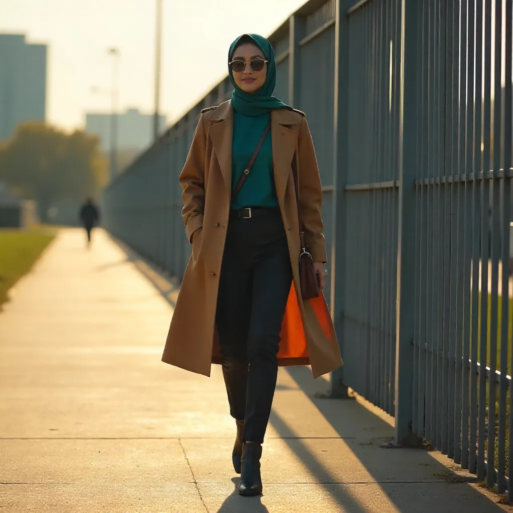 Stylish Hijab-Wearing Woman Walking by a Metal Fence in Golden Hour