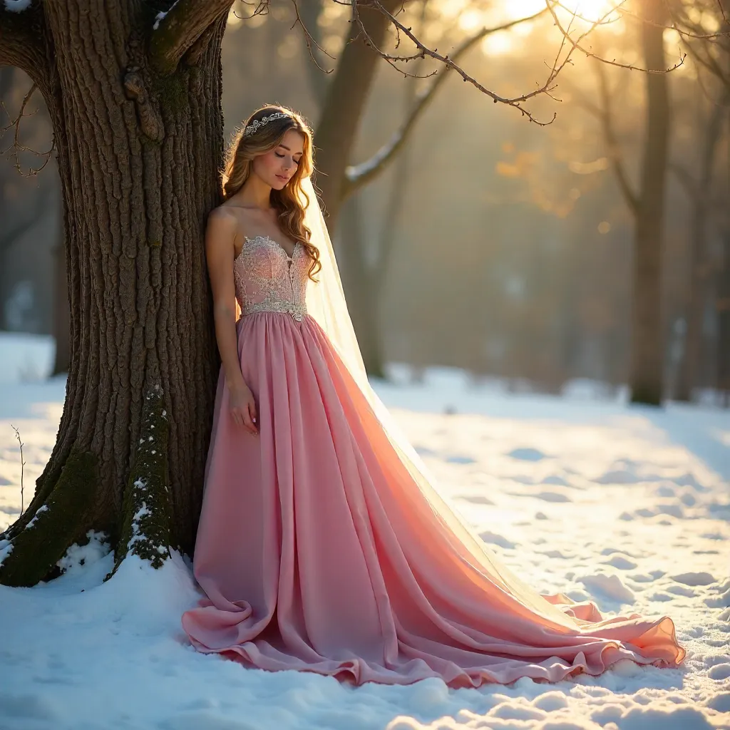 Bride in Pink Gown under Winter Sunlight