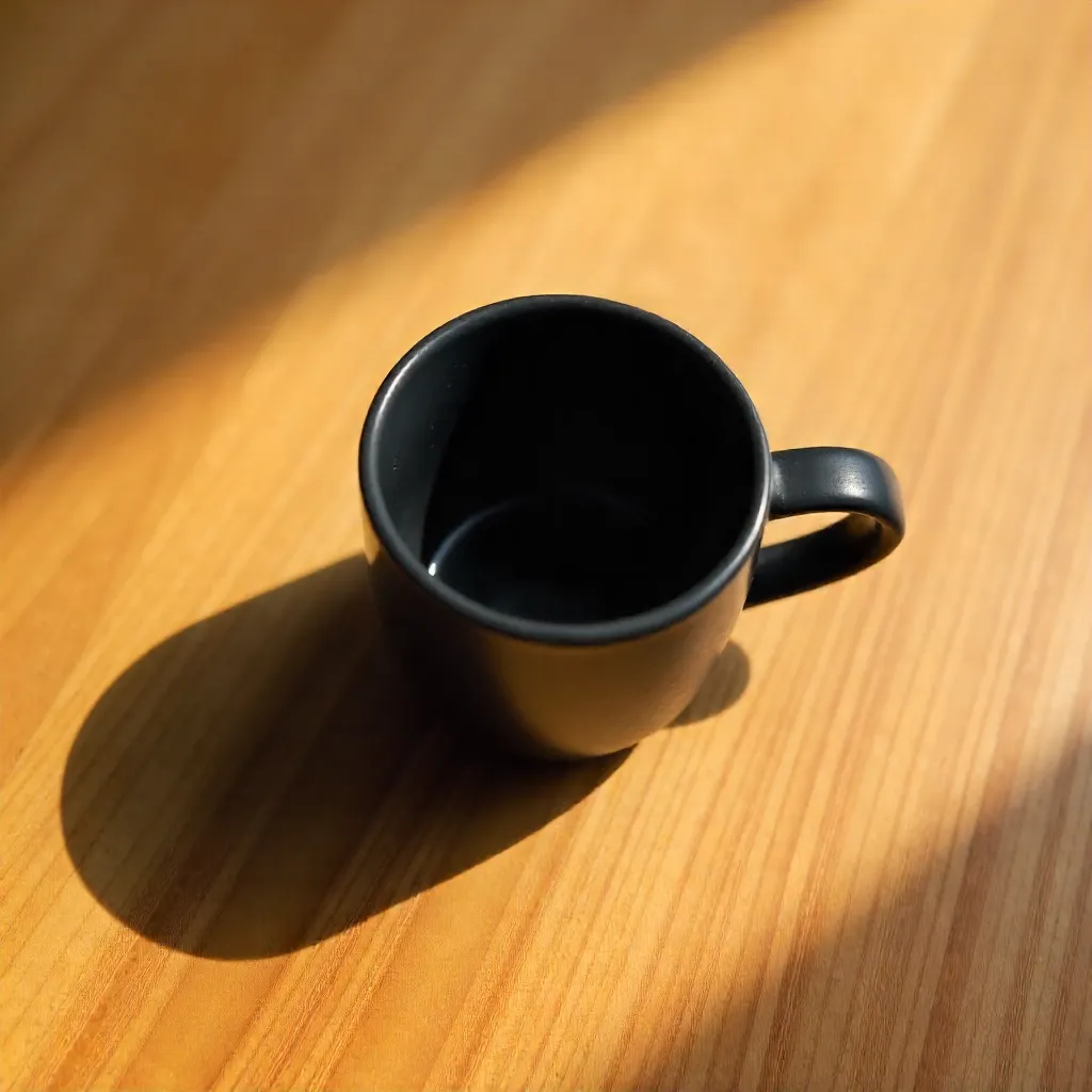 Top View: Dark Coffee Mug on Minimalist Wood Table