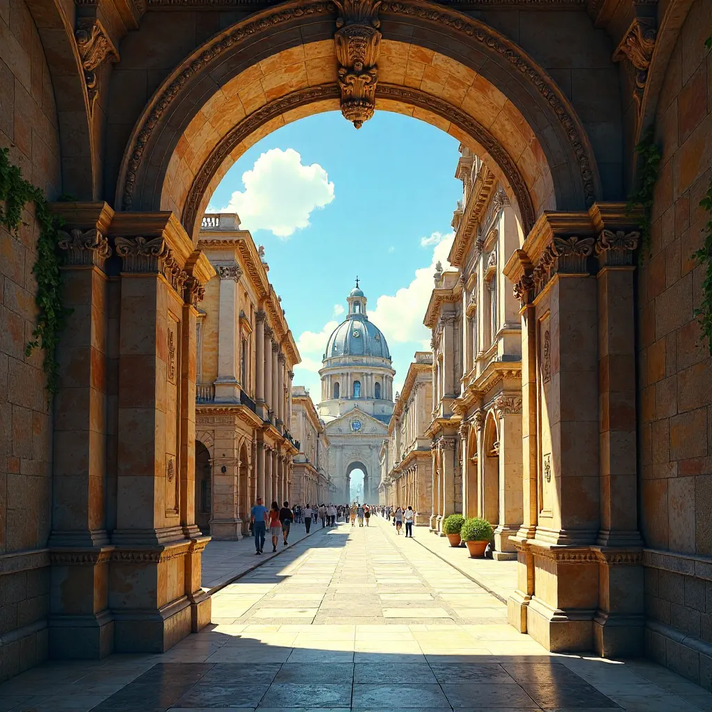 Through an Ornate Arch to Historic Facades