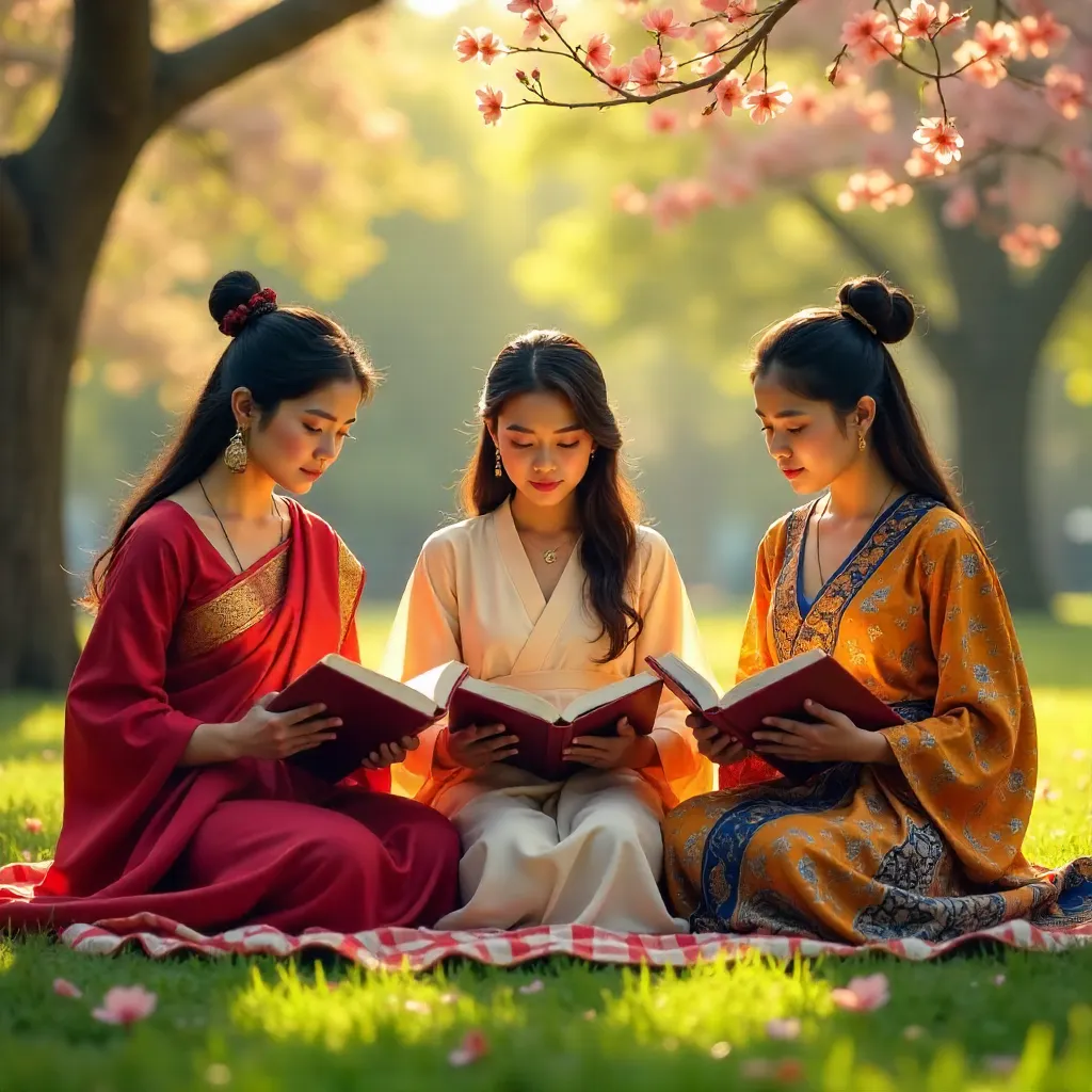 Three Women in Traditional Attire Reading Outdoors