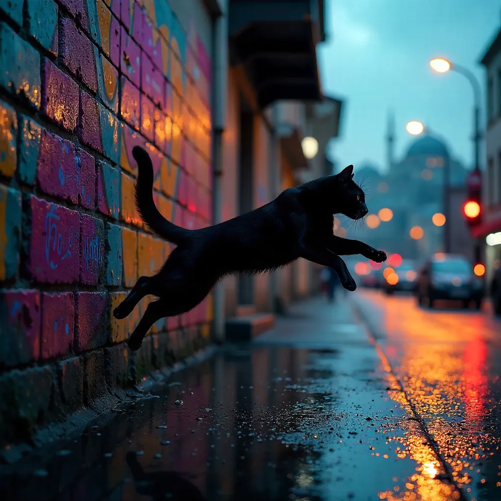 Midnight Leap: Black Cat Over Istanbul Graffiti Wall