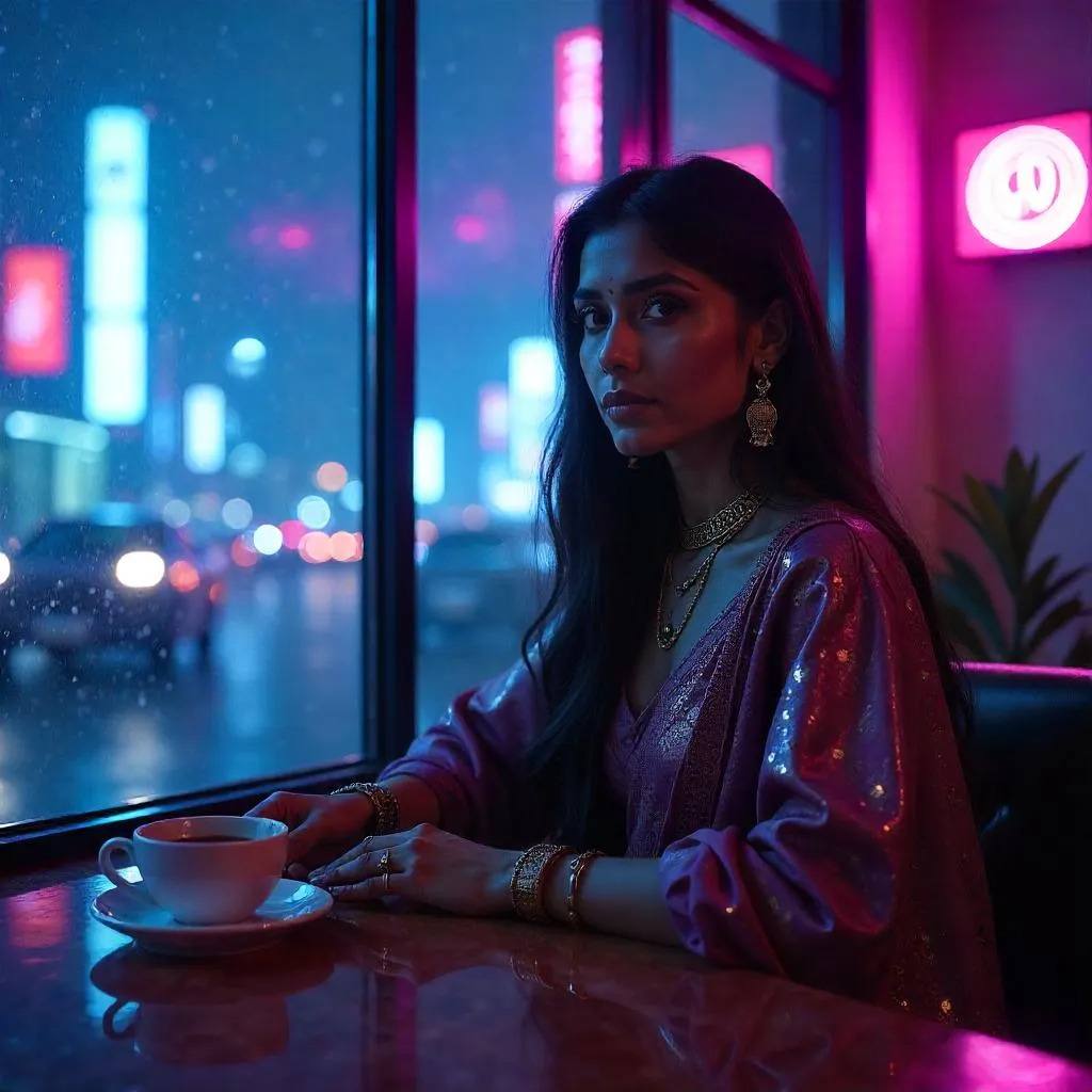 Neon Café Portrait: Cyberpunk Indian Woman
