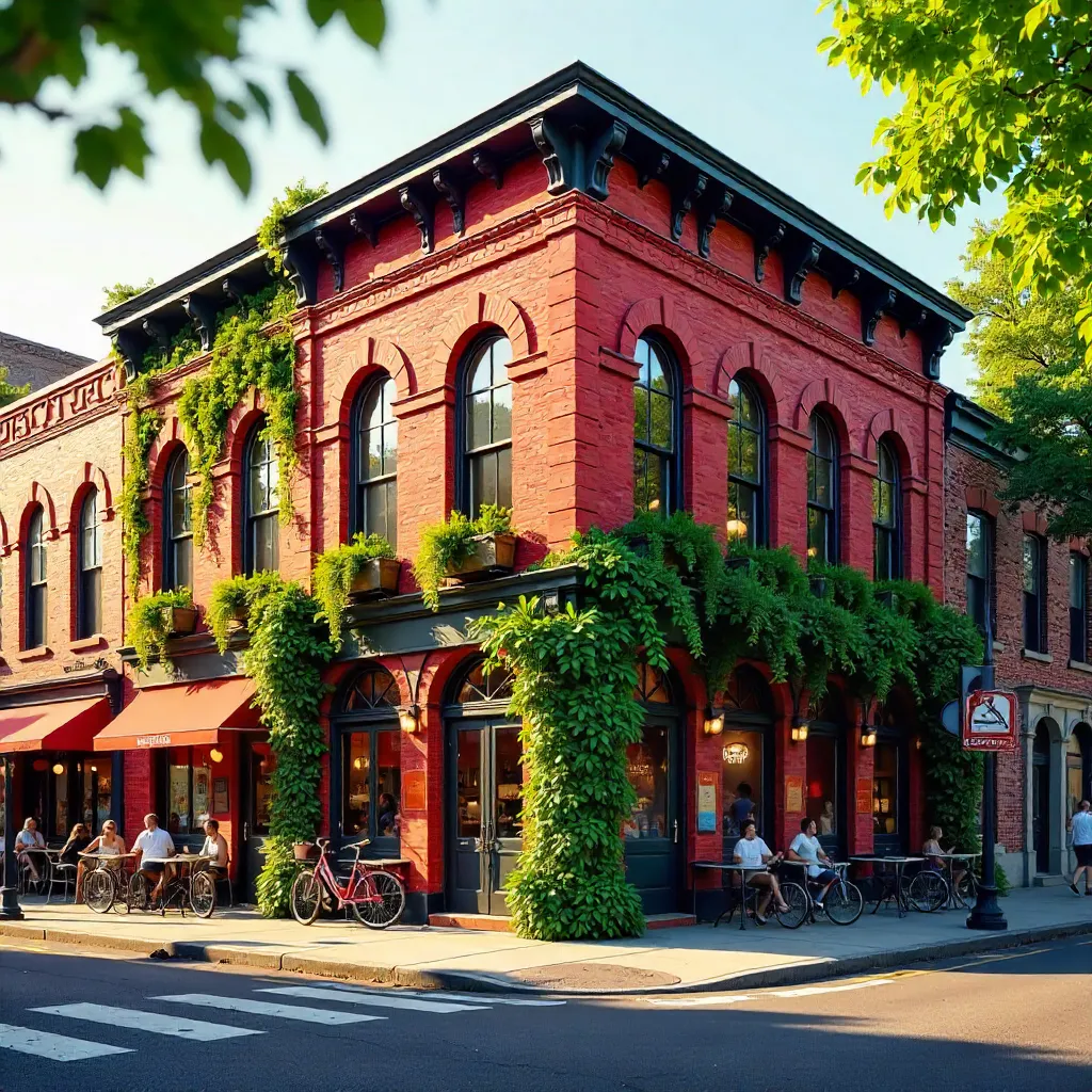 Vibrant Red Brick Corner with Lush Greenery