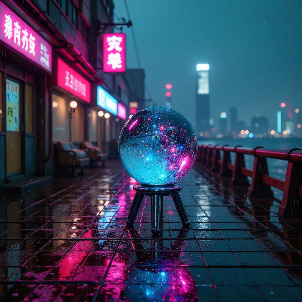 Neon Crystal Ball on a Cyberpunk Pier