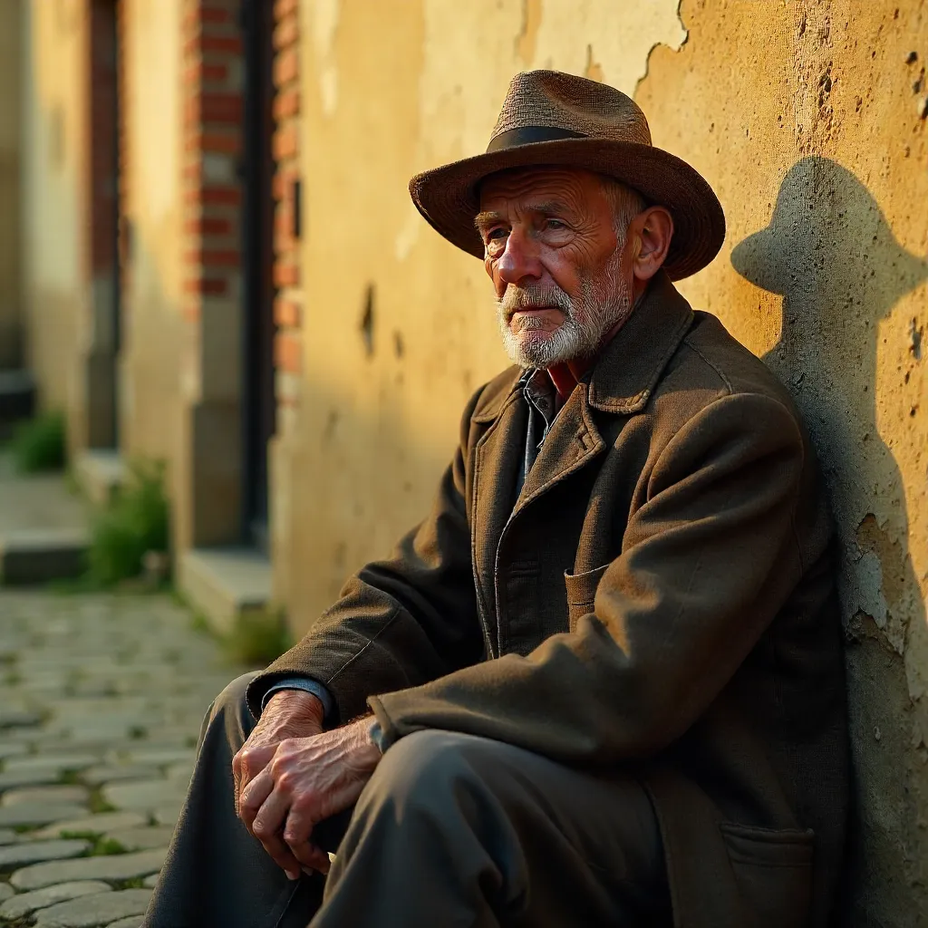 Contemplative Elder by Textured Wall