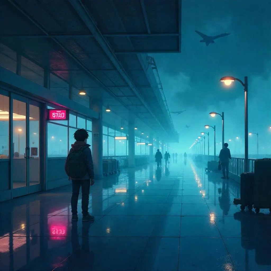 Foggy Anime Airport: Neon Haze and Dreamy Lights