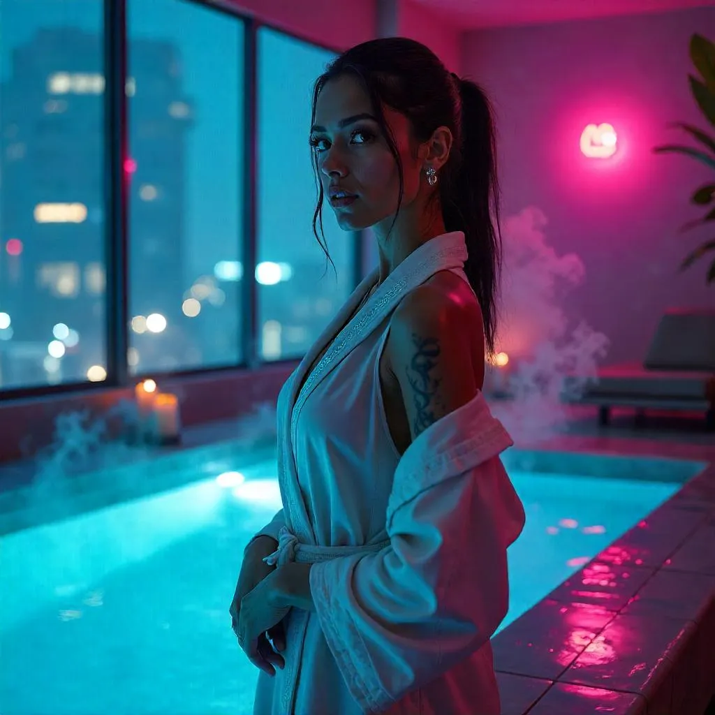 Confident Latina in a Neon Cyberpunk Spa