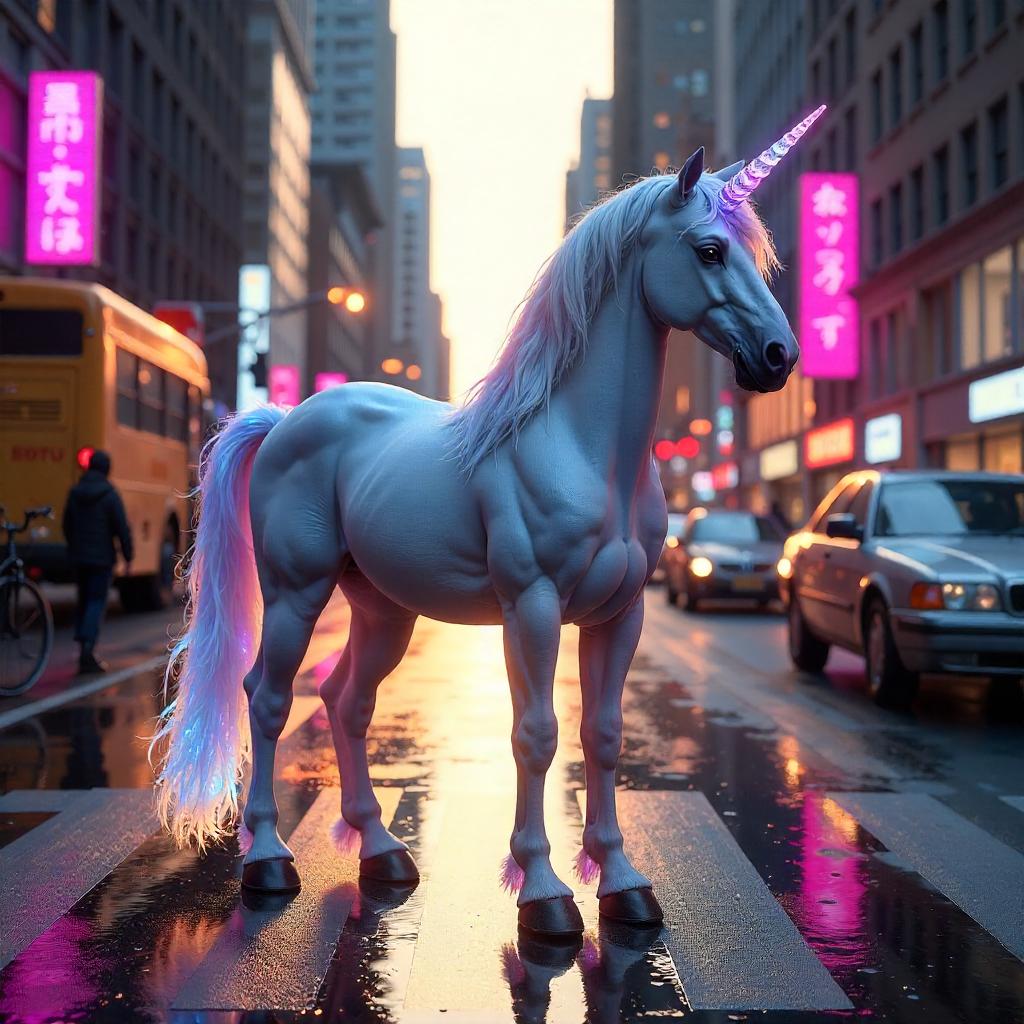 Hyper-Realistic 3D Unicorn in a Bustling City Street