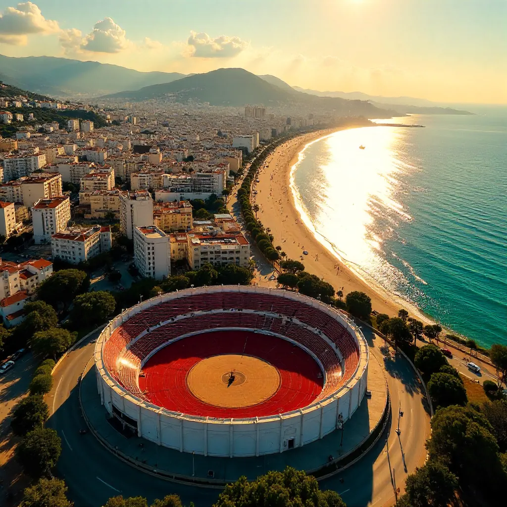 Aerial Vista of Málaga: Bullring and Coast at Sunset