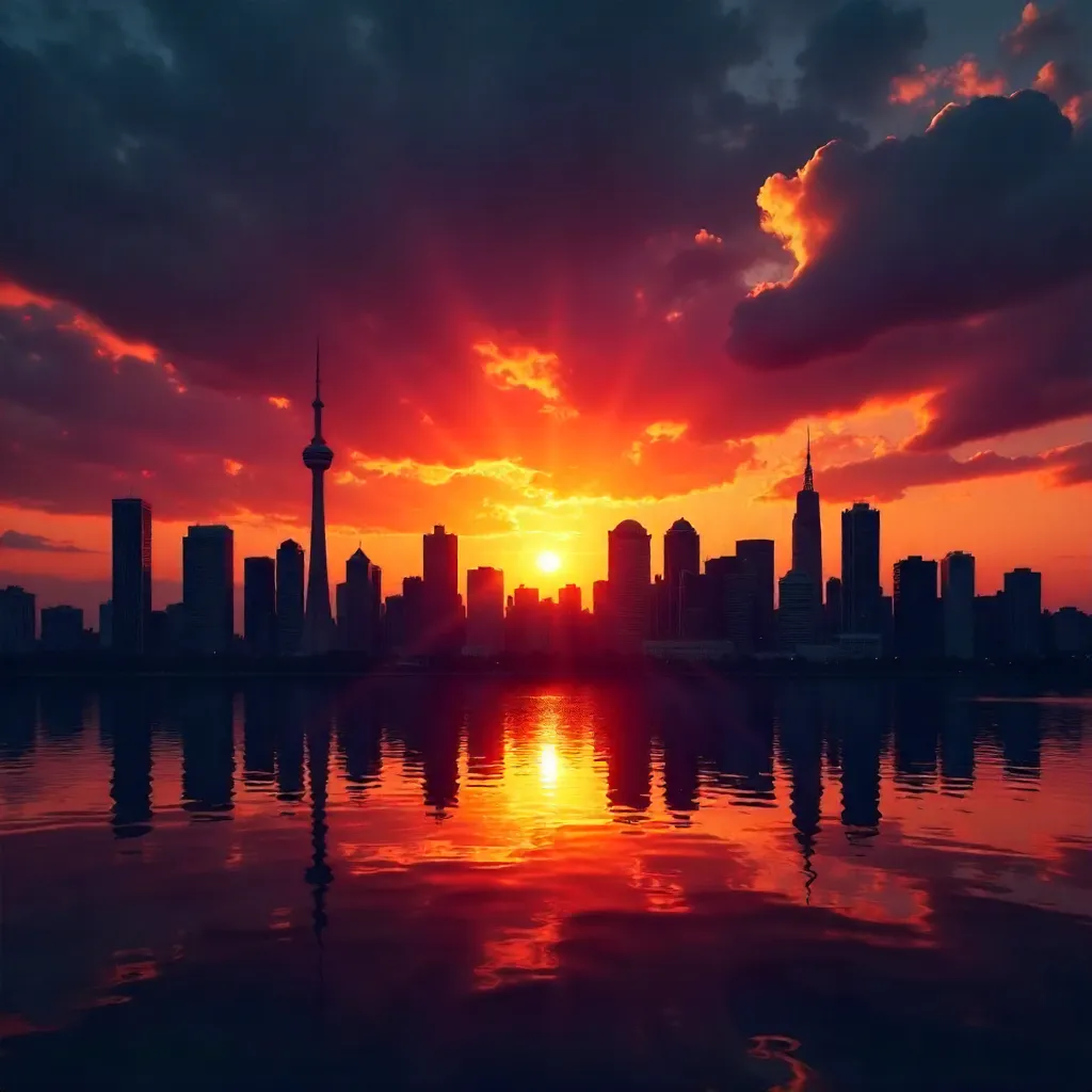 Silhouette City Skyline Under a Dramatic Sunset Sky