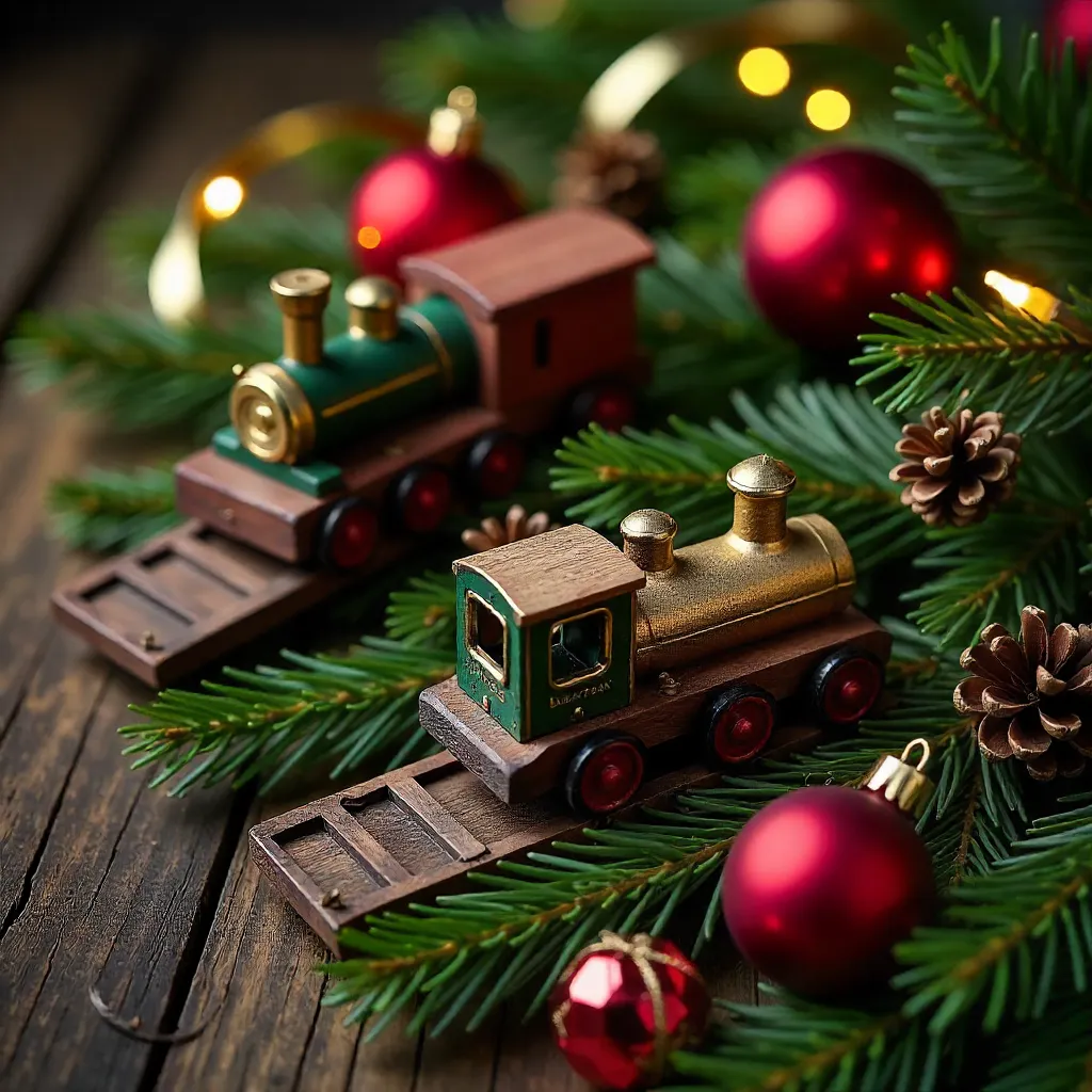 Festive Ornaments with Toy Train and Pine Branches