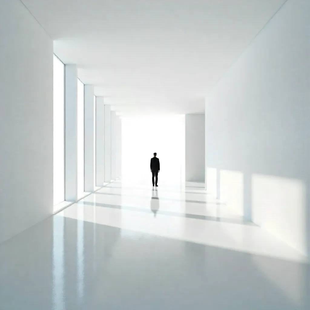 Silhouette in a White Minimalist Corridor