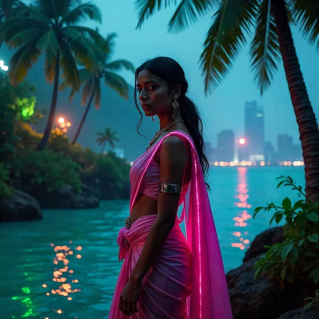 Neon Tropics: Cyberpunk Indian Woman in Paradise