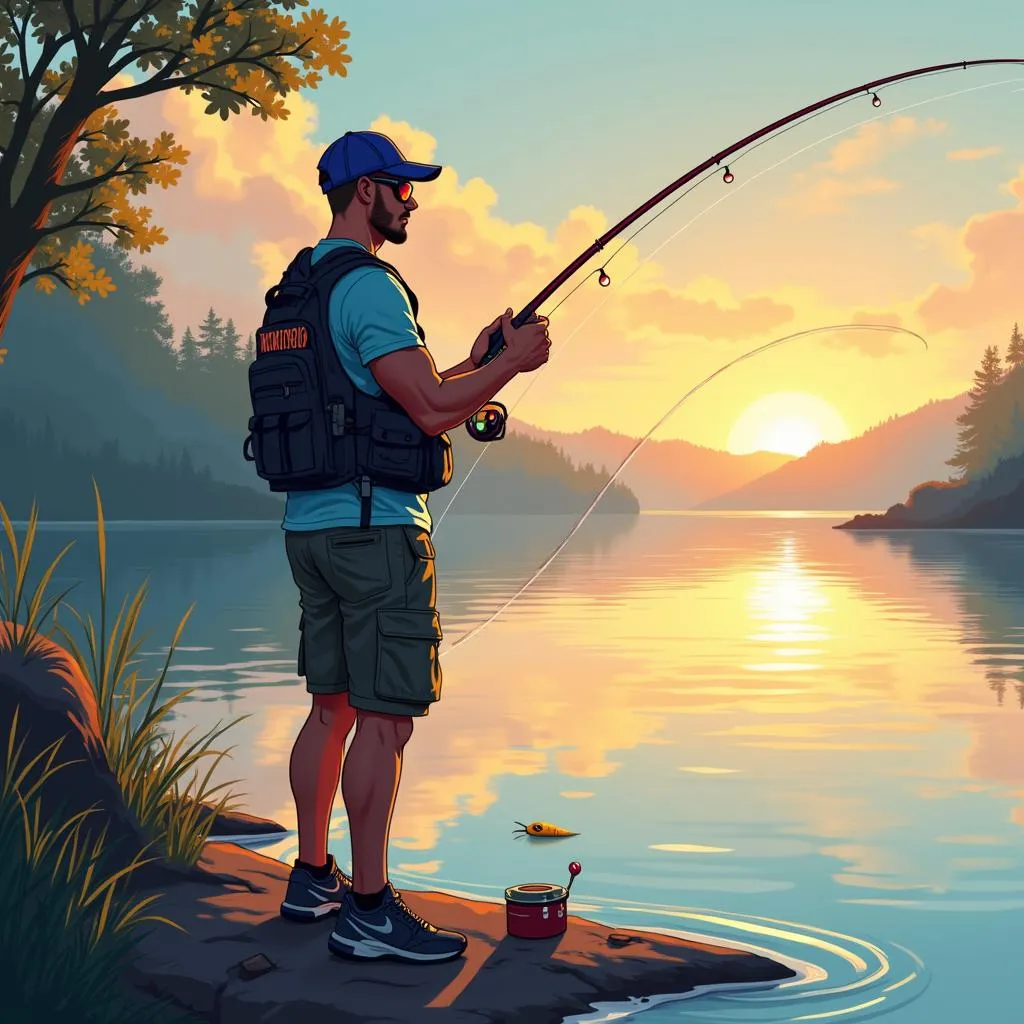 Athletic Latino Angler in Anime Style by the Lake