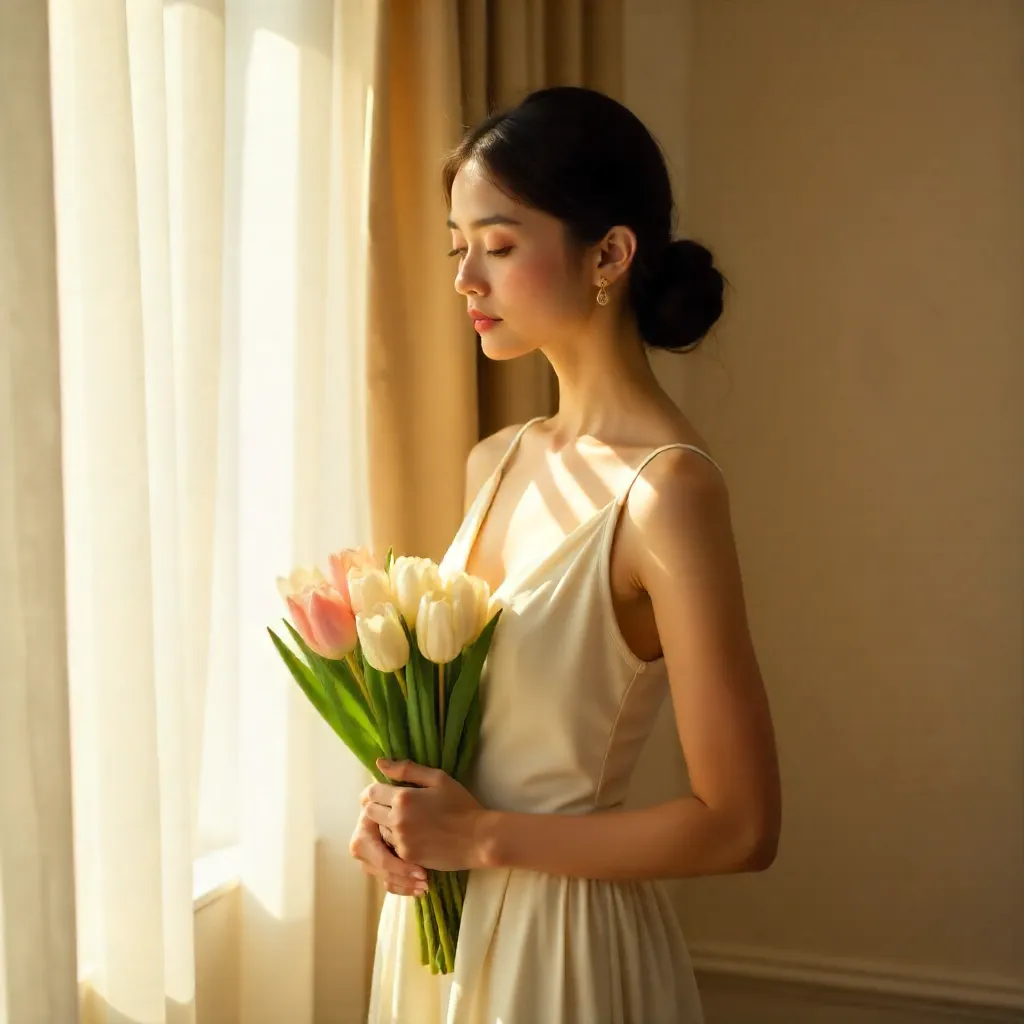Serenity in White: Woman with Tulips in Soft Light
