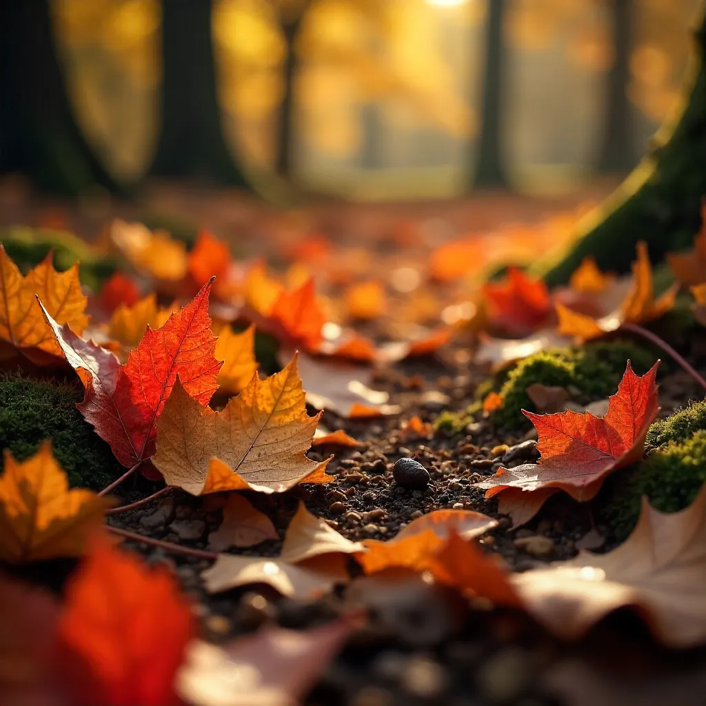 Vibrant Autumn Leaves on a Sunlit Forest Floor