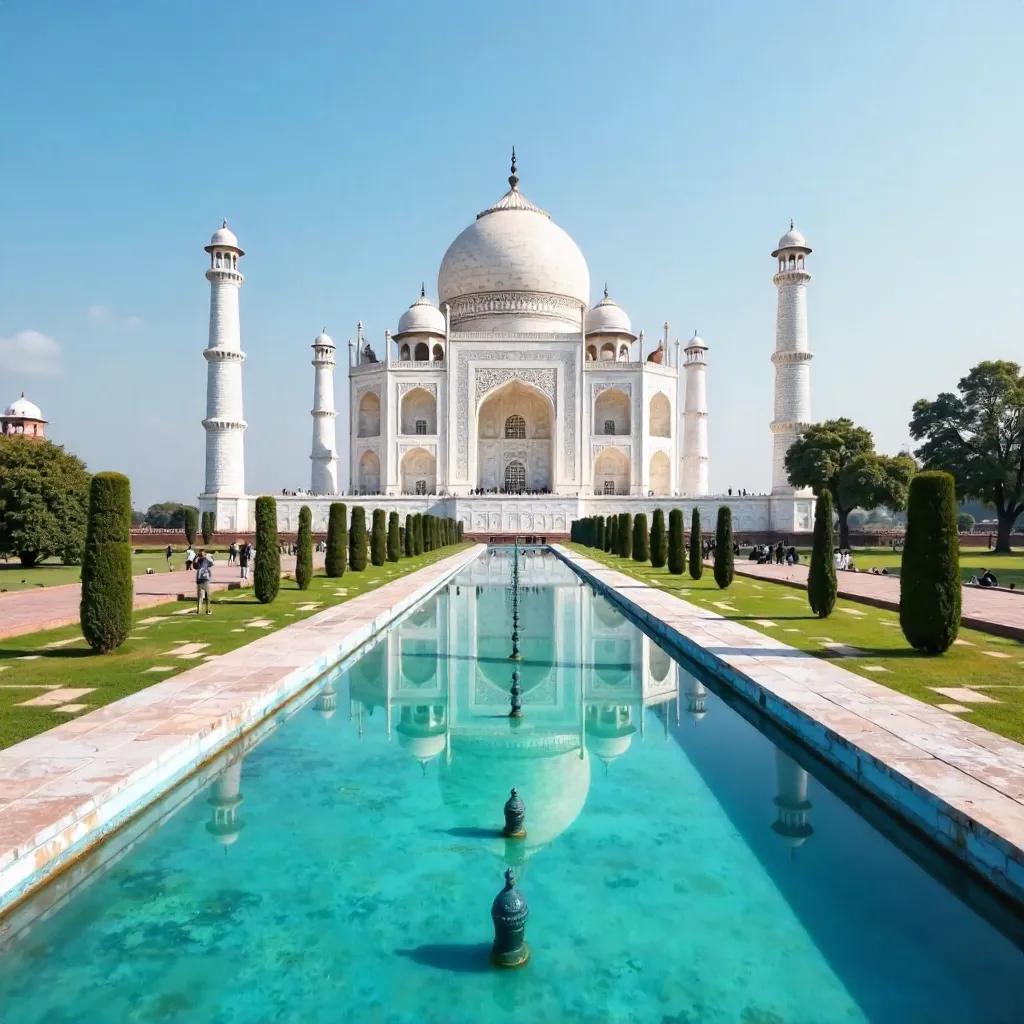 Serene Taj Mahal with Reflection Pools on a Bright Day