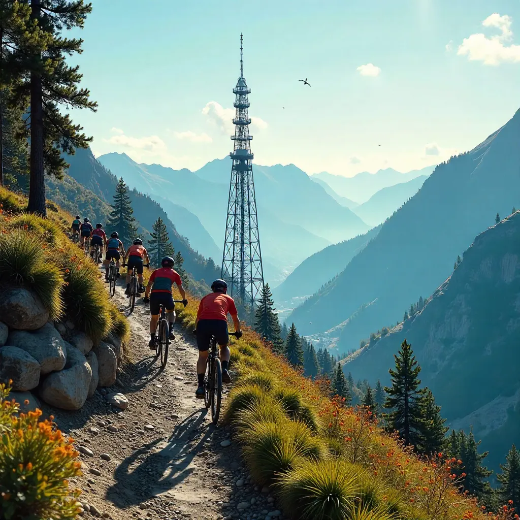 Cyclists on a Mountain Trail with Distant TV Tower