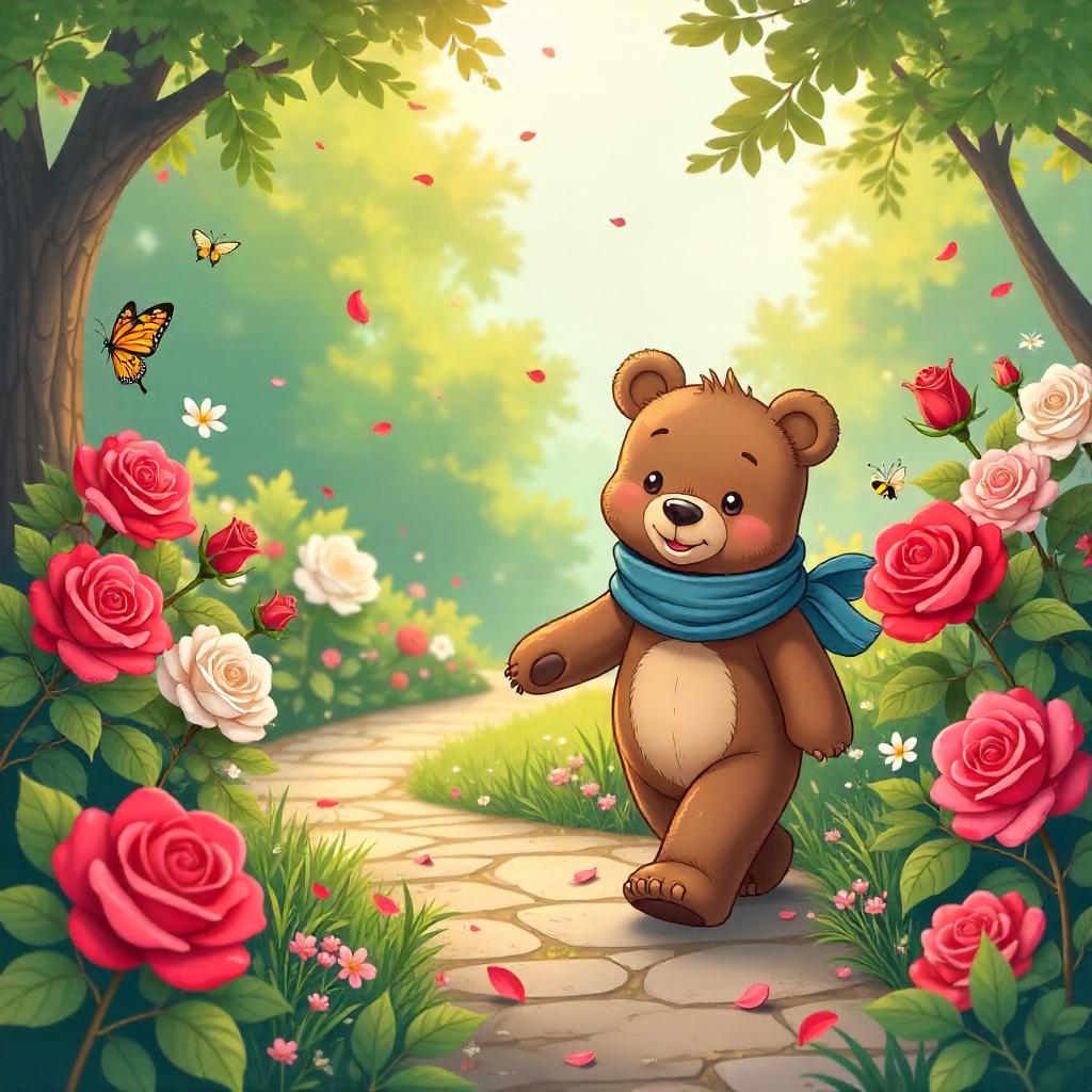 Cartoon Bear in a Rose Garden