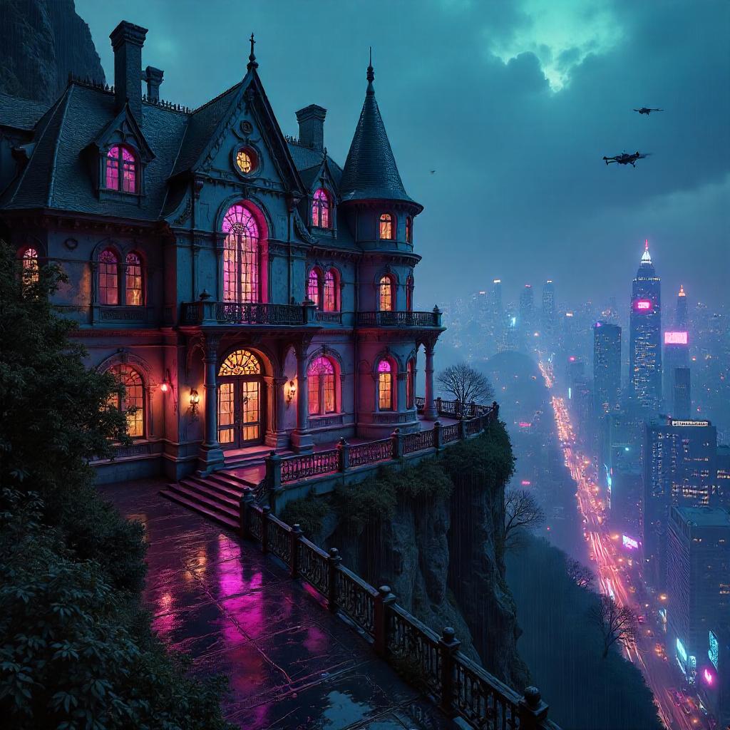 Neon Crowned Manor in a Cyberpunk Metropolis