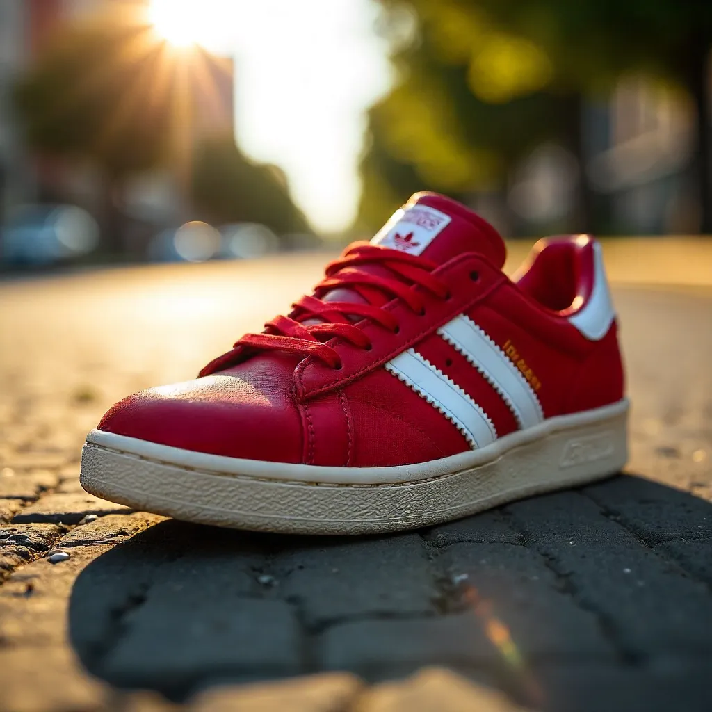 Sunlit Red Sneaker Close-Up on Pavement
