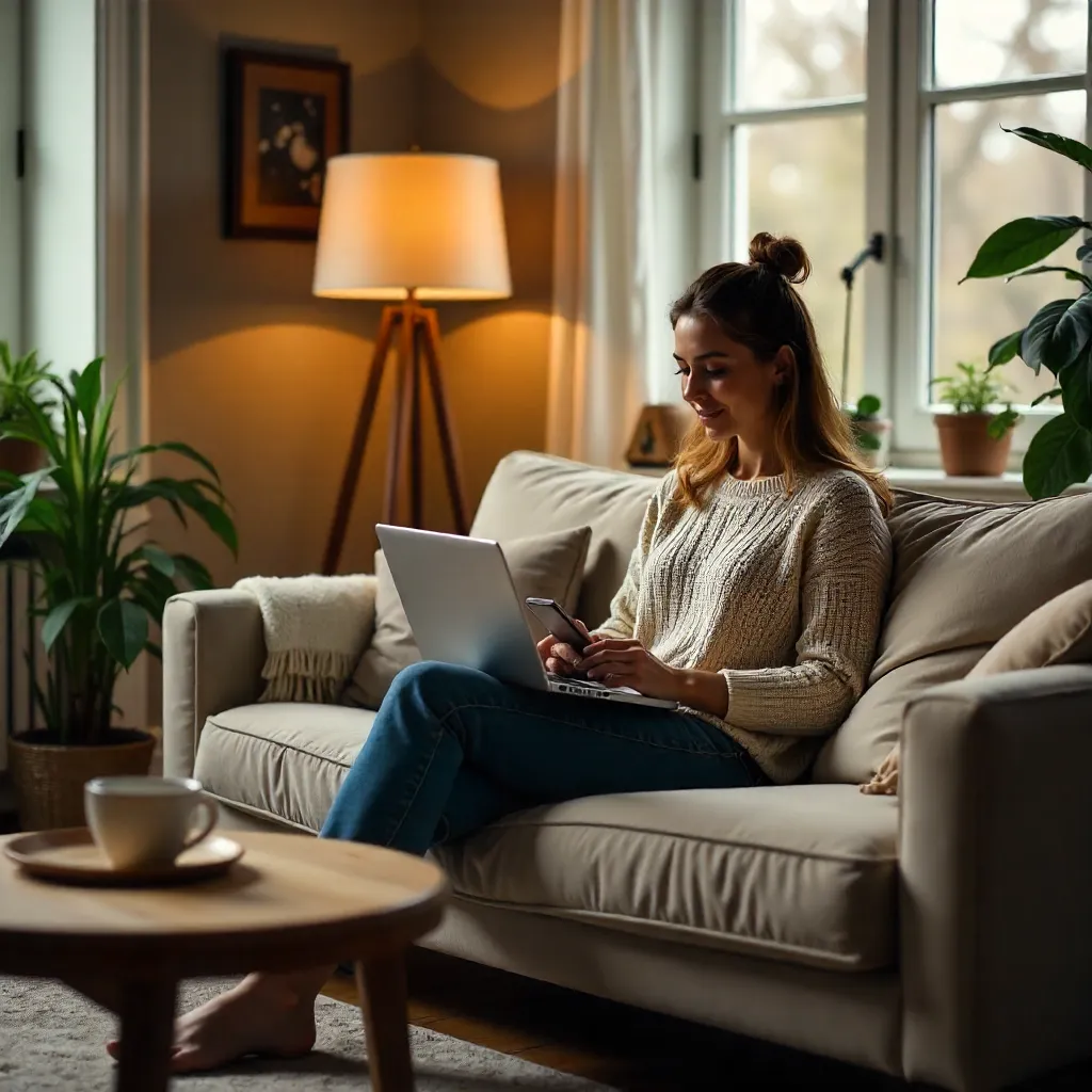 Cozy Remote Work: Woman on Sofa with Laptop