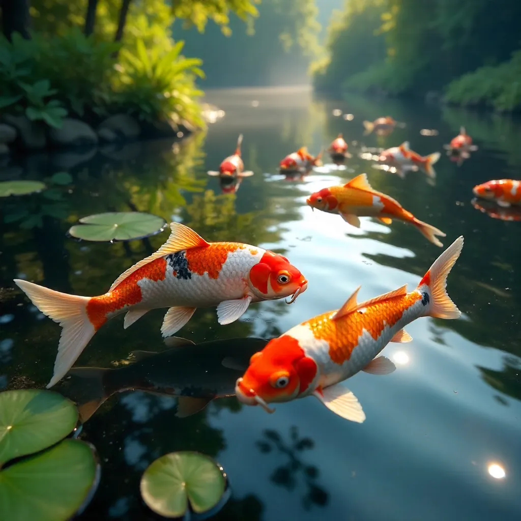 Colorful Koi in a Serene Sunlit Pond