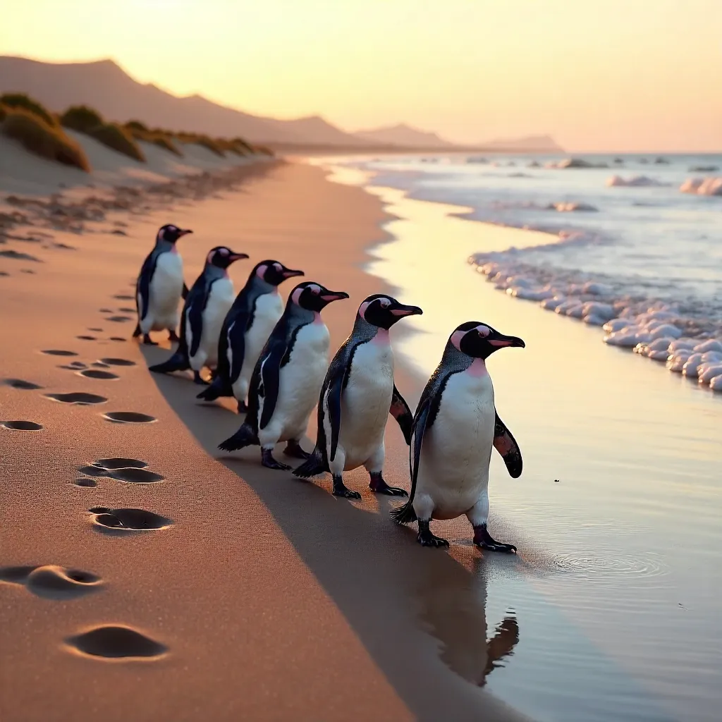 Sunrise Parade of African Penguins on a South African Beach