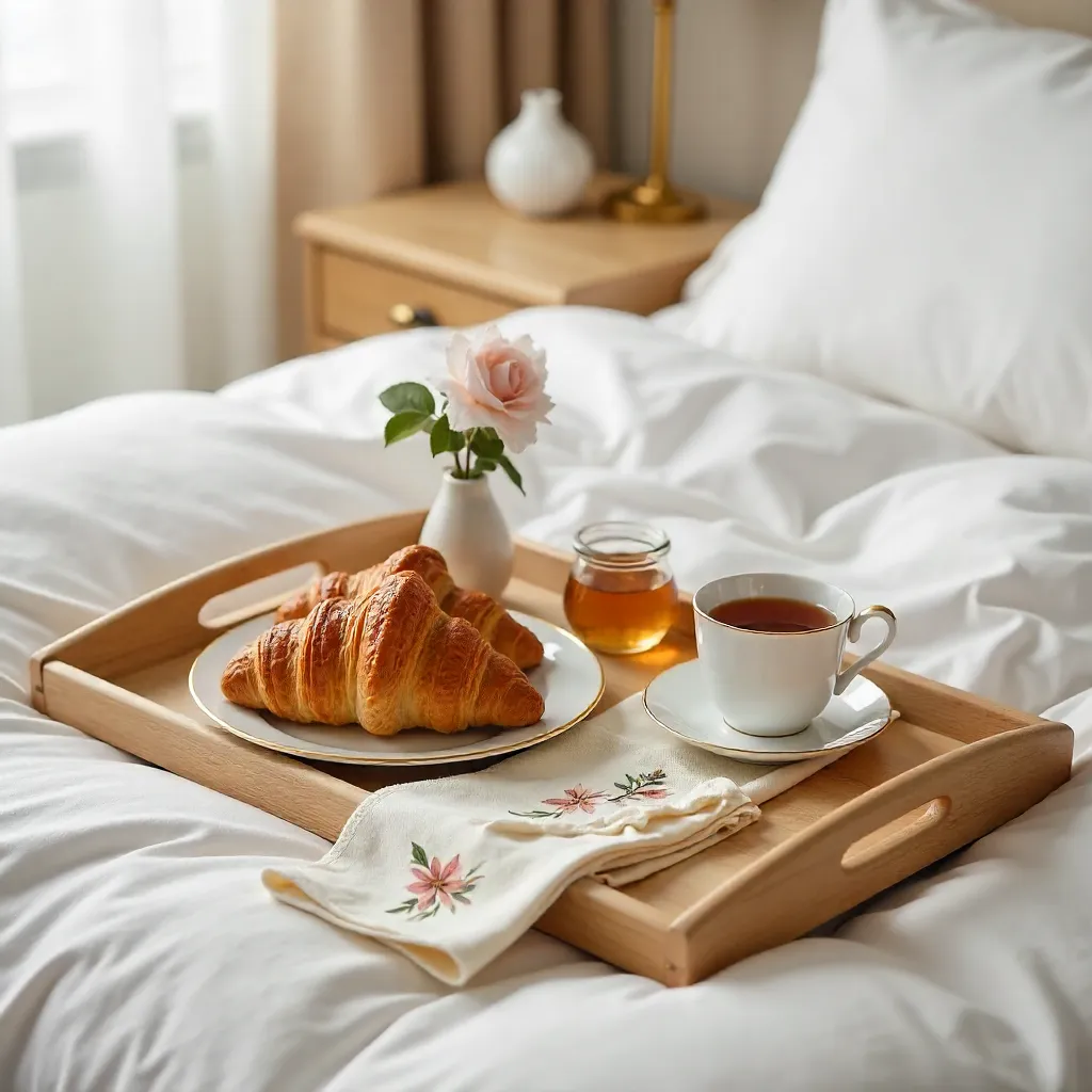 Elegant Bed Tray Breakfast with Croissants and Artful Decor