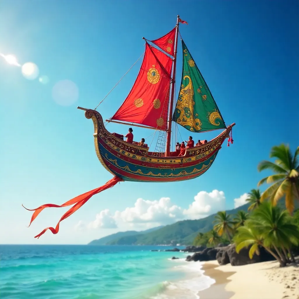 Vibrant Ship-Shaped Kite Over Bali Sky
