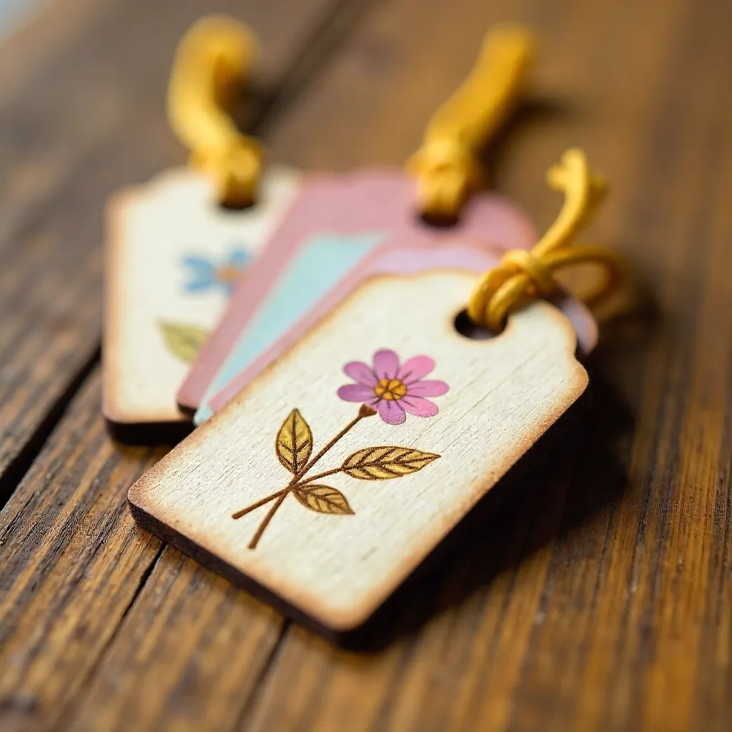 Floral Patterned Wooden Tags on Rustic Surface