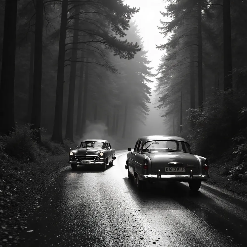 Two Cars Navigate a Winding Forest Road in Black and White