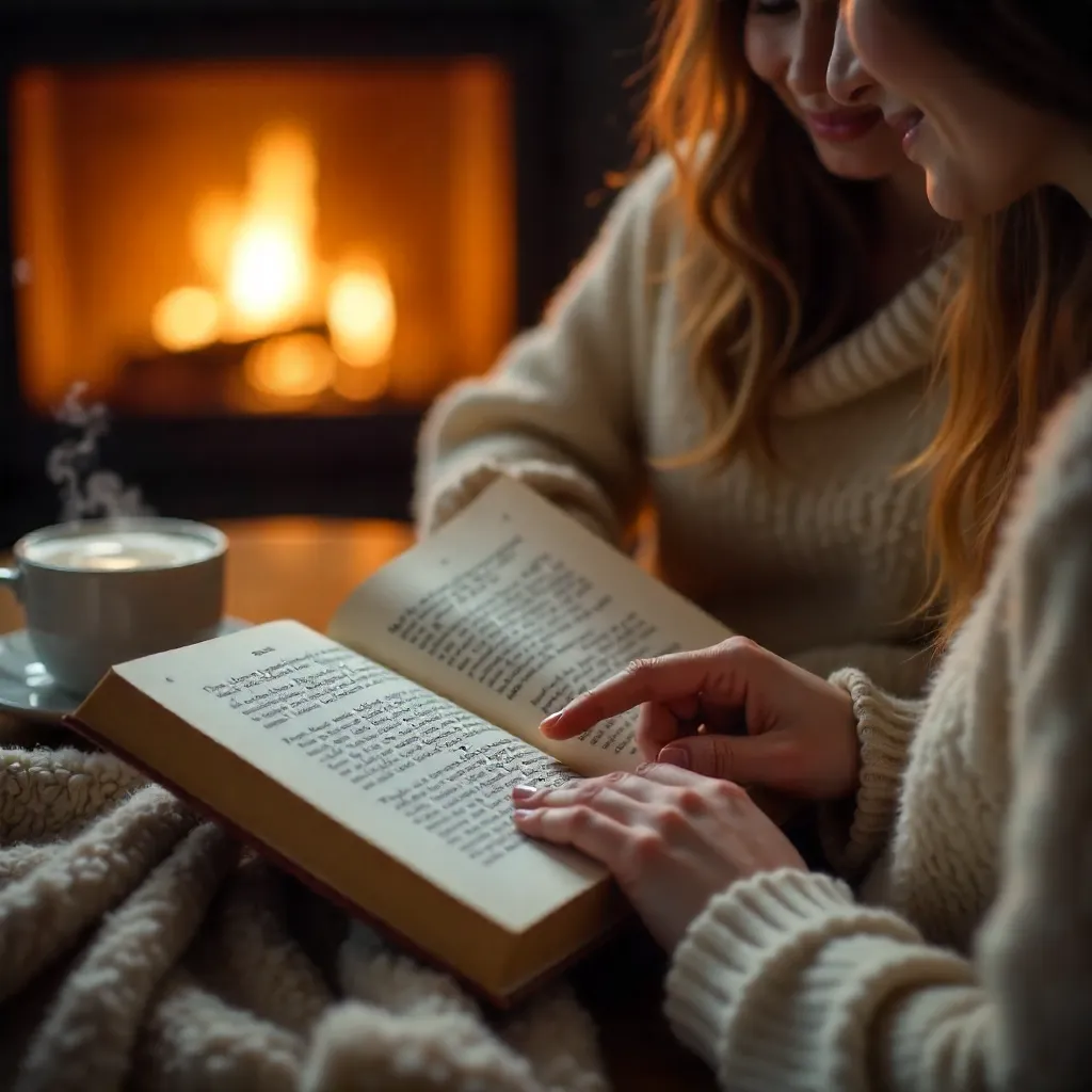 Close-Up of Two Readers Sharing a Book in Cozy Nook