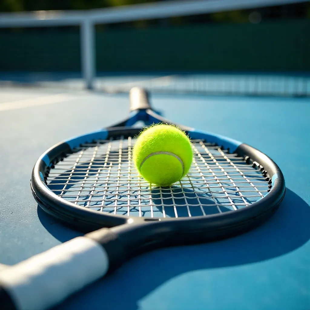 Tennis Racket and Ball on Sunlit Court