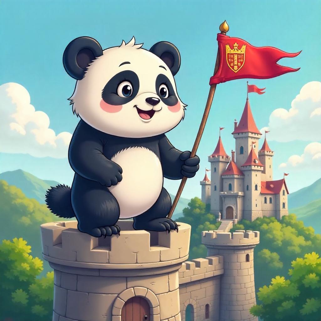 Cartoon Panda on Castle Battlements
